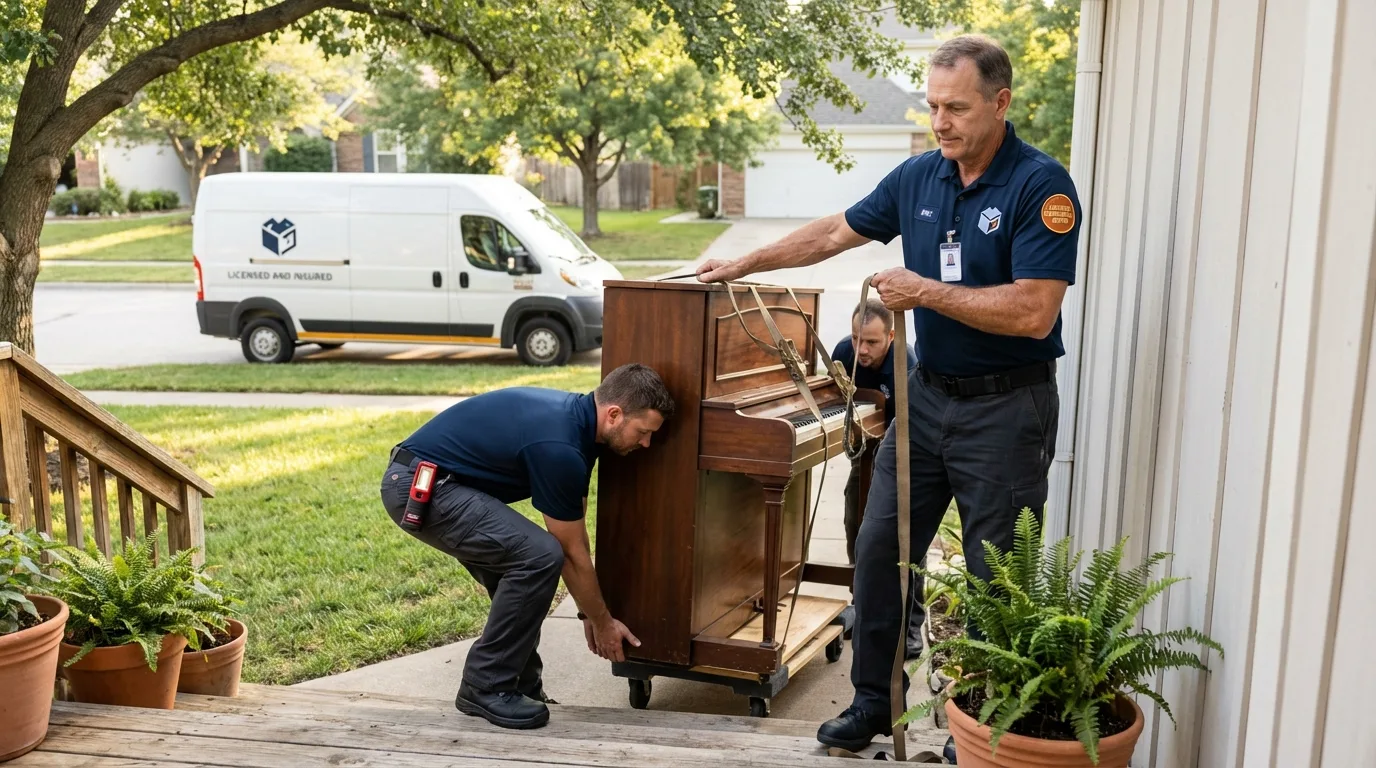 Licensed piano movers securing grand piano in Indian Hills, CO