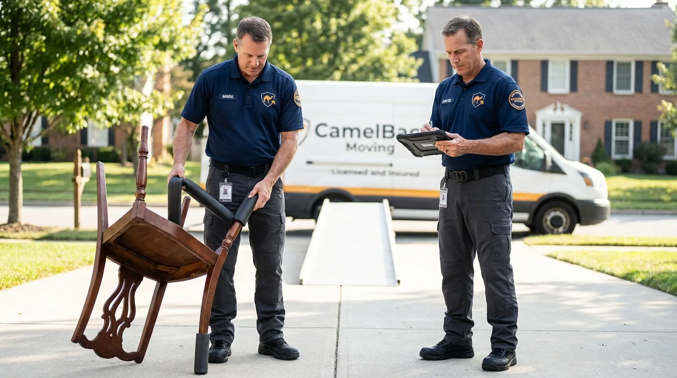 Movers inspecting furniture for damage prevention before loading in Indian Hills, CO