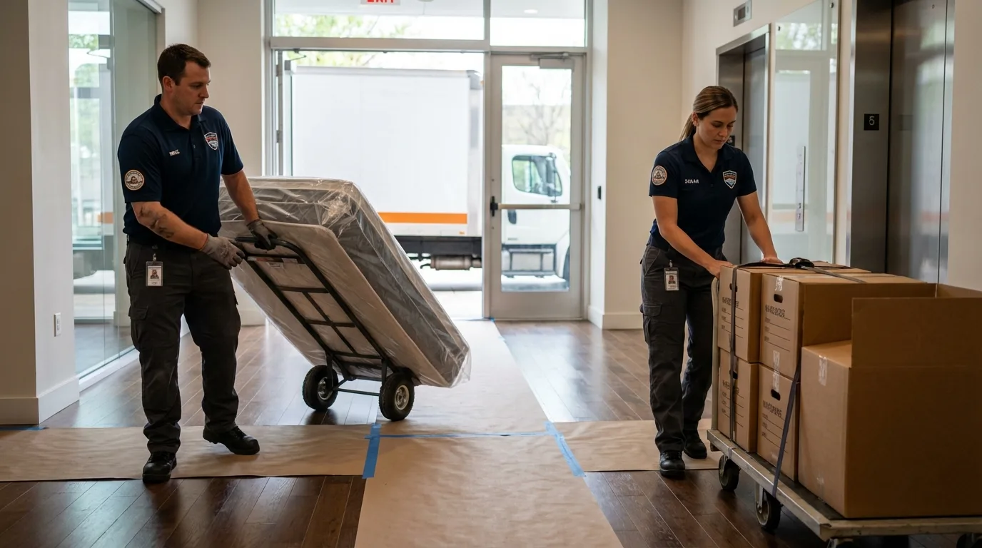 Professional apartment movers loading elevator in Indian Hills, CO