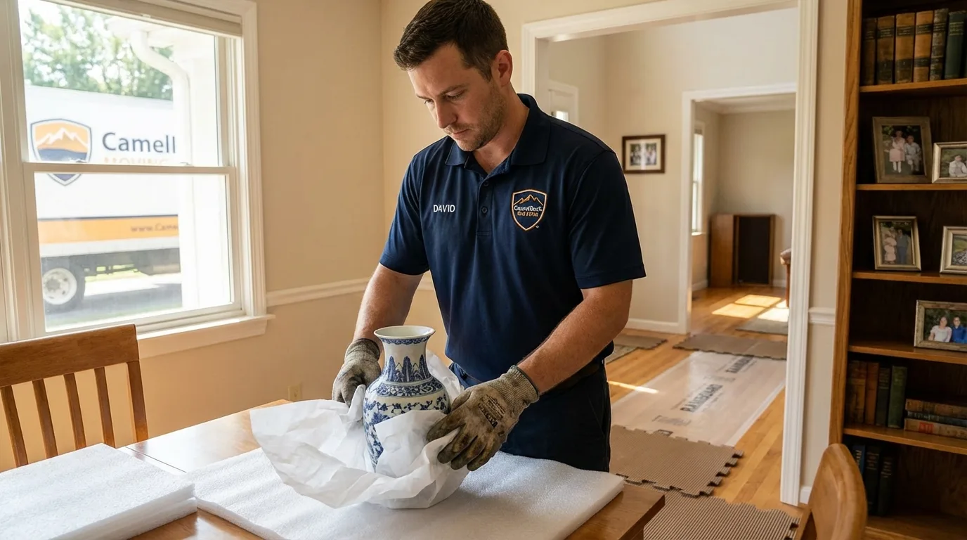 Professional crew carefully wrapping antique vase for senior downsizing move in Indian Hills, CO